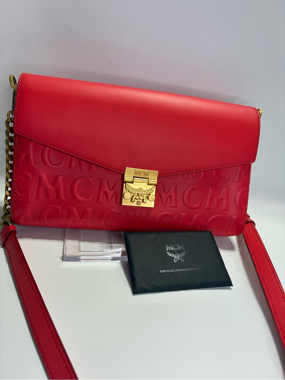 MCM Red Leather Embossed Logo Crossbody with Gold Lock